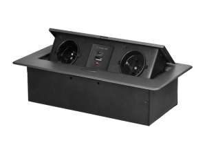 Einbau-Steckdose im Tisch mit flachem gefrästem Rand und USB-Ladegerät. 2x2P Z. 2xUSB Typ A C; 3.6A. grafit