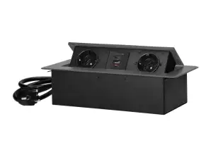 Вбудована меблева розетка із плоским фрезерованим краєм. USB-зарядний пристрій та кабель 1,5м. 2x2P Z Schuko. 2xUSB тип A C; 3.6A. графіт.
