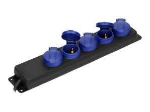IP44 sprutsikker forlengelseskabel for verksted. 5 2P-stikkontakter med IP44. Schuko. gummislange. H05RR F 3x1.5mm?. Lengde 3m