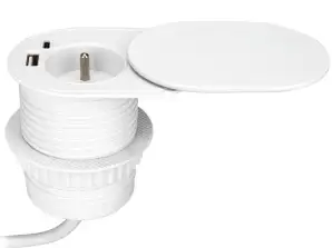 Møbeluttak ?6cm. innfelt i bordplaten med et skyvelokk. USB-lader og 1,9 m kabel. 1x2P av fransk . 2xUSB type A C; PD20W . Hvit