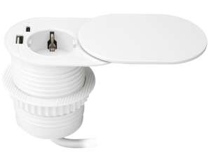 Møbeluttak ?6cm. innfelt i bordplaten med et skyvelokk. USB-lader og 1,9 m kabel. 1x2P med Schuko . 2xUSB type A C; PD20W . Hvit