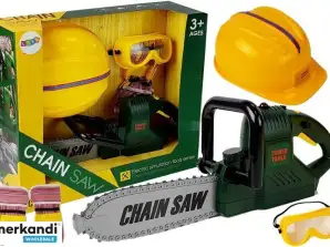 Set di attrezzi: sega verde, casco a batteria, guanti e occhiali di sicurezza