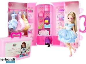 Puppe Modell Kleidung Set Kleiderschrank Schmuck in Koffer Blond