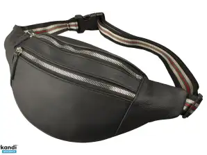 Bauchtasche mit Metallreißverschlussoptik - Rind Leder schwarz