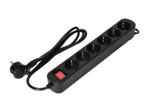 6-voudige verlenger 2P Z Schuko met schakelaar 1,5m H05VV F 3x1,0mm2 Imax=10A platte stekker zwart
