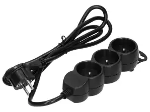 3-fach Steckdose 2P+Z, 3m H05VV-F 3x1,5mm2, Imax=16A, flache Steckdose, schwarz