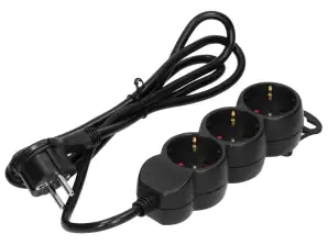 Verlängerungskabel 3-fach 2P Z Schuko. 3m H05VV F 3x1.5mm2. Imax=16A. flache Stecker. schwarz