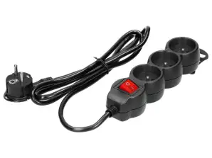 3-fach Verlängerung 2P Z mit Schalter. 5m H05VV F 3x1.5mm2. Imax=16A. flacher Stecker. schwarz
