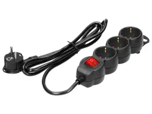 Triple extension 3-fold 2P Z Schuko with switch 5m H05VV F 3x1 5mm2 Imax=16A flat plug black