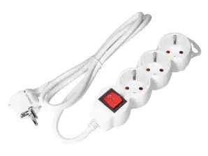 3-way extension lead 2P+Z Schuko with switch, 1.5m H05VV-F 3x1.5mm2, Imax=16A, flat plug, white
