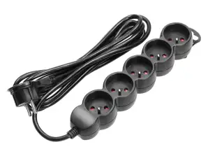 5-fach Verlängerung 2P Z. 5m H05VV F 3x1,5mm2. Imax=16A. flacher Stecker. schwarz