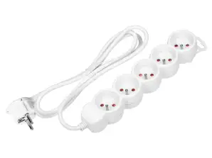 Verlängerungskabel 5-fach 2P Z. 1,5m H05VV F 3x1,5mm2 . Imax=16A. flache Stecker. weiß