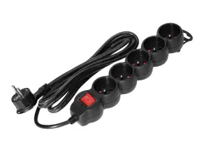 5-fach Verlängerungskabel 2P Z. mit Schalter. 5m H05VV F 3x1.5mm². Imax=16A. Flachstecker. Schwarz