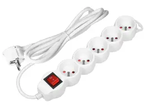 5-fach Verlängerung 2P Z mit Schalter. 1,5 m H05VV F 3x1,5mm². Imax=16A. flache Stecker. weiß