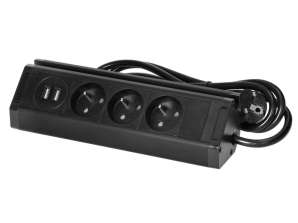 Dreifach-Möbelsteckdose mit Handyhalterung, USB-Ladegerät und 1,5 m Kabel, 3x2P+Z, 2xUSB Typ A, 2,4A, schwarz