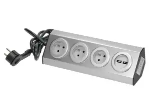 Розетка мебельная. кухонная с USB зарядкой. устанавливаемая на липучках с кабелем 1,5 м 3x2P Z. 2xUSB. INOX с кабелем 1,5 м.