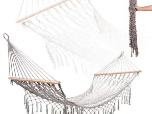 Hamac de jardin Boho Net Pompons Suspendu Transat Macramé 200cm Gris