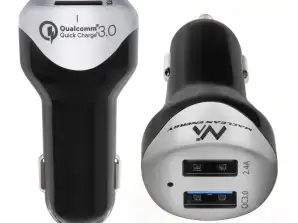 Bil-lader max4 8A 2xUSB Maclean Energy MCE157 Qualcomm Quick Charge QC 3.0 med kabel 1.5m Silver