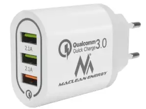 Maclean fali töltő. Qualcomm gyors töltés. QC 3.0 3.6 6V/3A. 6 9V/2A. 9 12V/1,5A. 2 x 5V/2.1A aljzat. Fehér. MCE479 HÜVELYK