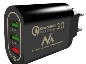 Maclean fali töltő. Qualcomm gyors töltés. QC 3.0 3.6 6V/3A. 6 9V/2A. 9 12V/1,5A. 2 x 5V/2.1A aljzat. Fekete. MCE479 B