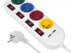 Maclean strømskinne. skjøteledning 4 stikkontakter 2xUSB. med brytere. 250VAC/10A. 2.1A 5V. 1,5 m. hvit. MCE229 W