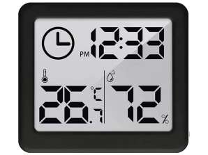 Termometer/hygrometer med klokke funksjon. GreenBlue. svart.GB384B