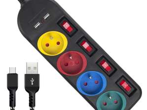 Maclean stekkerdoos. verlengkabel 4 stopcontacten 2xUSB. met schakelaars. 250VAC/10A. 2.1A 5V. 1,5 m. wit. MCE229B USB M-kabel