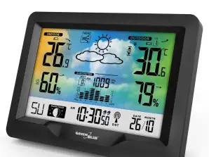Wireless Weather Station GreenBlue. colorful. with DCF system. moon phases. barometer. calendar. power supply. GB540N