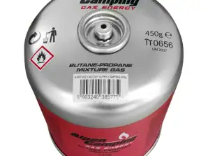 Gaskartusche 450g Alpen Camping. Zertifikat: Pi 0437. konform mit EN417. Propan-Butan. Bereich 10°C bis 40°C. Gewindeventil 7/
