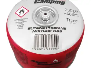 Gaskartusche 230g Alpen Camping. Zertifikat: Pi 0656. konform mit EN417. Propan-Butan. Bereich 10°C bis 40°C. Gewindeventil 7/