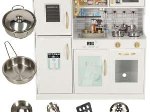 Cuisine en bois pour enfants avec réfrigérateur, liste de courses, lumière LED, accessoires, casseroles, couverts, grand 80cm