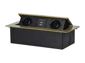 Recessed furniture sockets in the countertop with flat milled edge and USB charger. 2x2P Z. 2xUSB. brass