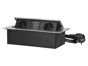 Furniture sockets recessed in countertop with flat milled edge.
