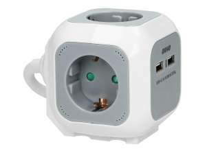 4-fordulatos hosszabbító 2P Z schuko töltő 2xUSB 1,4m H05VV F 3x1,5mm? szürke-fehér