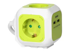 Hosszabbító kábel Cube 4-szer Schuko töltővel 2xUSB 1,4m lime zöld