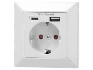Egyszerű aljzat 2P Z Schuko. USB A USB C. kimenet 5VDC. max 2.8A
