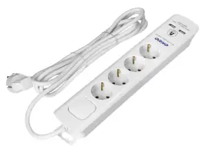 Multiprise de protection contre les surtensions. 4 prises 2P Z Schuko. câble 3x1.0mm2. 3m. avec interrupteur double pôles éclairé. 16A/230 VAC. Protecteur