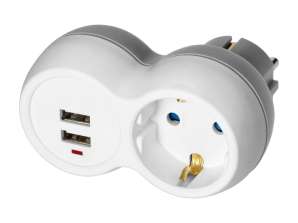 Sadalītājs 2P Z Schuko ar lādētāju 2xUSB, balti pelēks