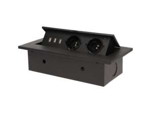 Ingebouwde meubelcontactdoos met dikke rand. 2x2P Z. 3 USB-poorten. zwart