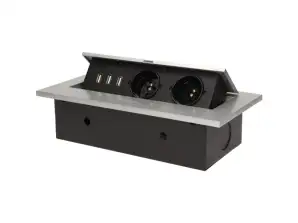Inbouw meubelstopcontact met dikke rand. 2x2P Z. 3 USB-poorten. zilver