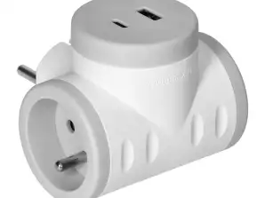 Elosztó 2P Z 2xUSB töltővel. gyors töltés. fehér szürke
