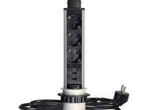 6cm retractable from the countertop with USB charger, lock and 1.8m cable, 3x2P+Z (Schuko), silver