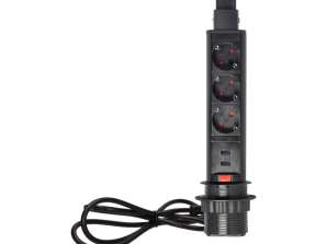 Furniture socket 6cm retractable from the countertop with USB charger, lock and cable 1.8m, 3x2P+Z (Schuko