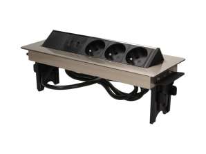 Ingebouwde meubelcontactdoos in nikhelvoeringen met USB-oplader en 1,8 meter kabel. 3x2P Z. 2xUSB