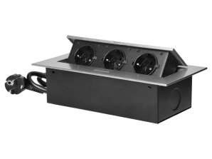 Infälld möbeluttag i bänkskiva med platt kant. 3 uttag 2P Z Schuko och kabel 1,5 m 3x1,5mm? . silver