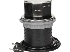 Meubelaansluiting 10 cm uitschuifbaar uit de bovenkant met USB-oplader en kabel van 1,5 m. 3x2P Z. 2xUSB. INOX