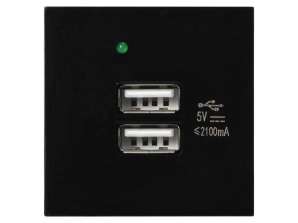 NOEN USB x 2. dubbele modulaire poort 45x45mm met USB-oplader. 2.1A 5V DC. zwart