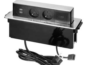 Düz freze kenarlı masadan çıkarılan priz. USB şarj cihazı ve 2m kablo. 2x2P Z. 2 x USB Tip A. HDMI. 3x1.5mm2.