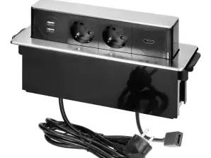 Gniazdo meblowe wysuwane z blatu z płaskim frezowanym rantem. ładowarką USB i przewodem 2m. 2x2P Z Schuko . 2 x USB Typ A . HDMI. 3x1.5mm2.