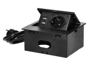 Eingebauter Möbelanschluss mit USB-Ladegerät und 1,5 m Kabel. 1x2P Schuko. 2xUSB Typ A. 2.1A. flacher gefräster Rand. schwarz